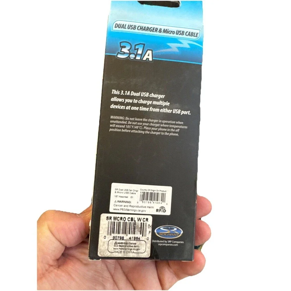 SOLARAY DUAL USB CHARGER & MICRO USB CABLE 3.1 A, BLUE & Gray